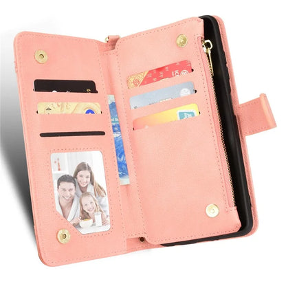 For iPhone 16 Leather Case Zipper Pocket Phone Cover with 2 Straps