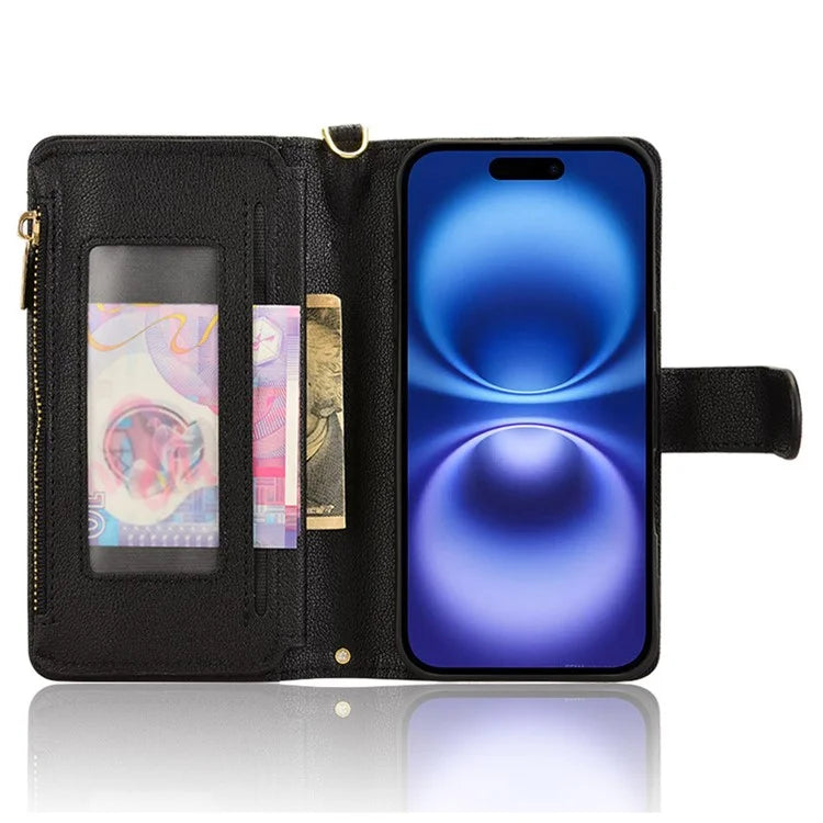 For iPhone 16 Leather Case Zipper Pocket Phone Cover with 2 Straps