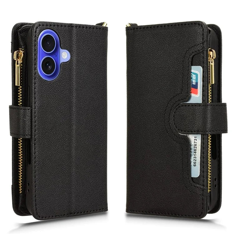 For iPhone 16 Leather Case Zipper Pocket Phone Cover with 2 Straps
