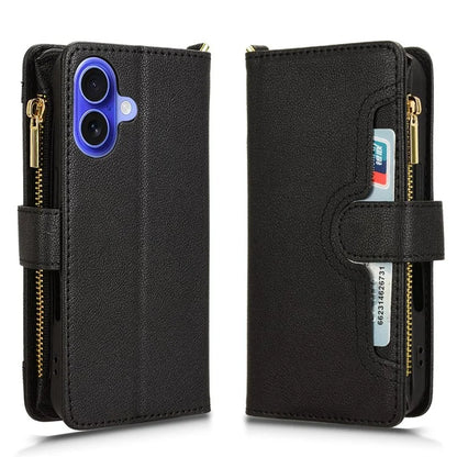 For iPhone 16 Leather Case Zipper Pocket Phone Cover with 2 Straps