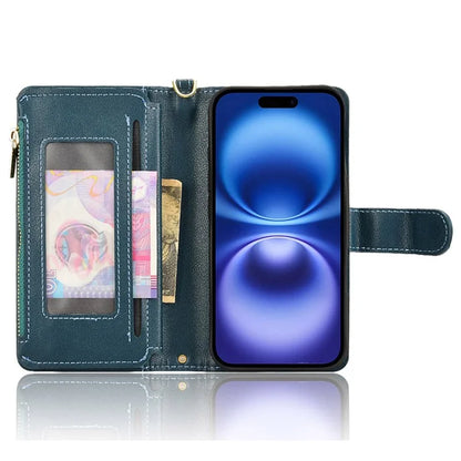 For iPhone 16 Leather Case Zipper Pocket Phone Cover with 2 Straps