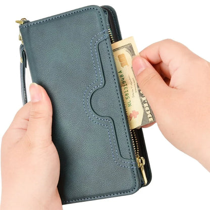 For iPhone 16 Leather Case Zipper Pocket Phone Cover with 2 Straps