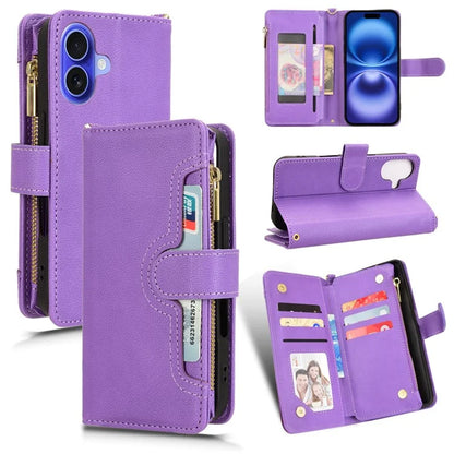 For iPhone 16 Leather Case Zipper Pocket Phone Cover with 2 Straps