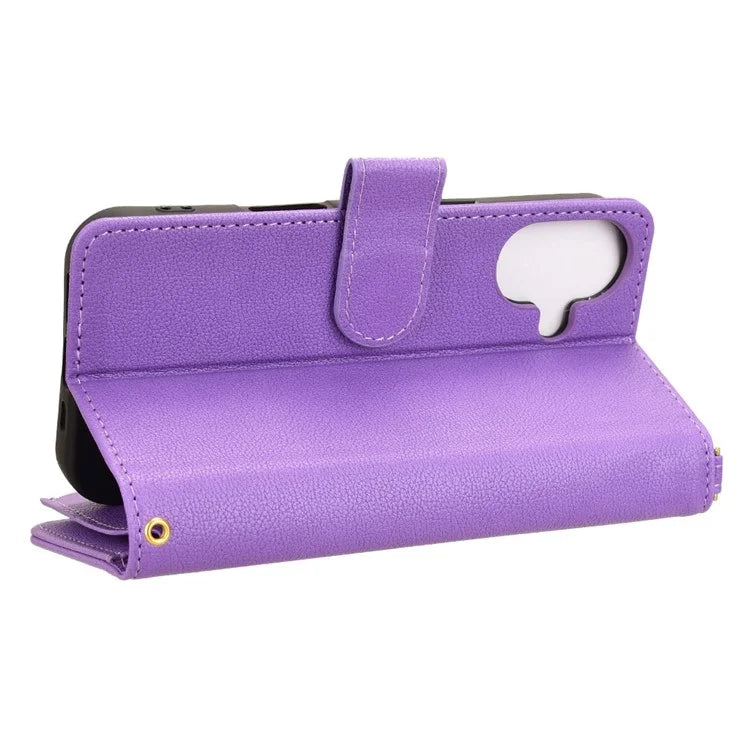 For iPhone 16 Leather Case Zipper Pocket Phone Cover with 2 Straps
