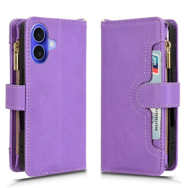 For iPhone 16 Leather Case Zipper Pocket Phone Cover with 2 Straps
