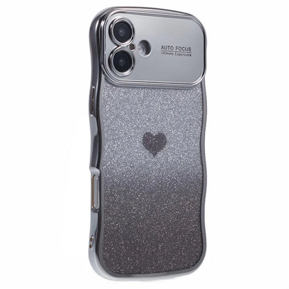 For iPhone 16 Plus Case Love Heart Gradient Glitter TPU Phone Cover Electroplating Curly Frame