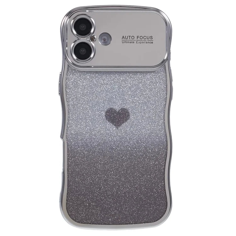 For iPhone 16 Plus Case Love Heart Gradient Glitter TPU Phone Cover Electroplating Curly Frame