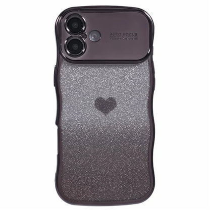 For iPhone 16 Plus Case Love Heart Gradient Glitter TPU Phone Cover Electroplating Curly Frame