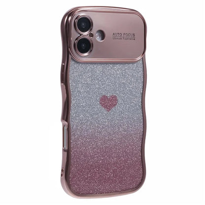 For iPhone 16 Plus Case Love Heart Gradient Glitter TPU Phone Cover Electroplating Curly Frame