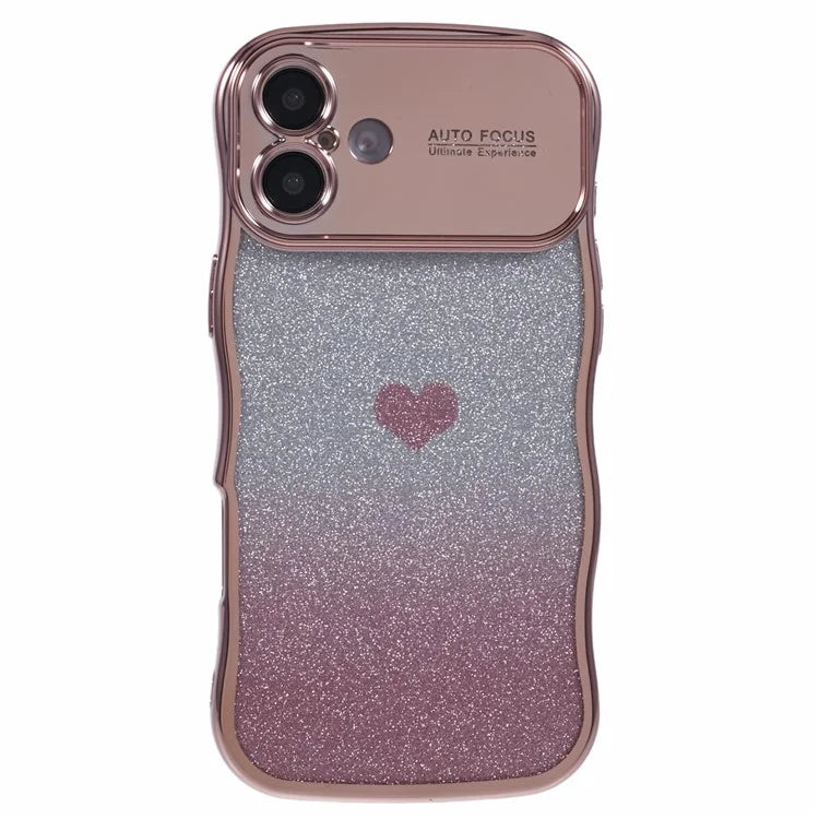 For iPhone 16 Plus Case Love Heart Gradient Glitter TPU Phone Cover Electroplating Curly Frame