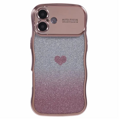 For iPhone 16 Plus Case Love Heart Gradient Glitter TPU Phone Cover Electroplating Curly Frame