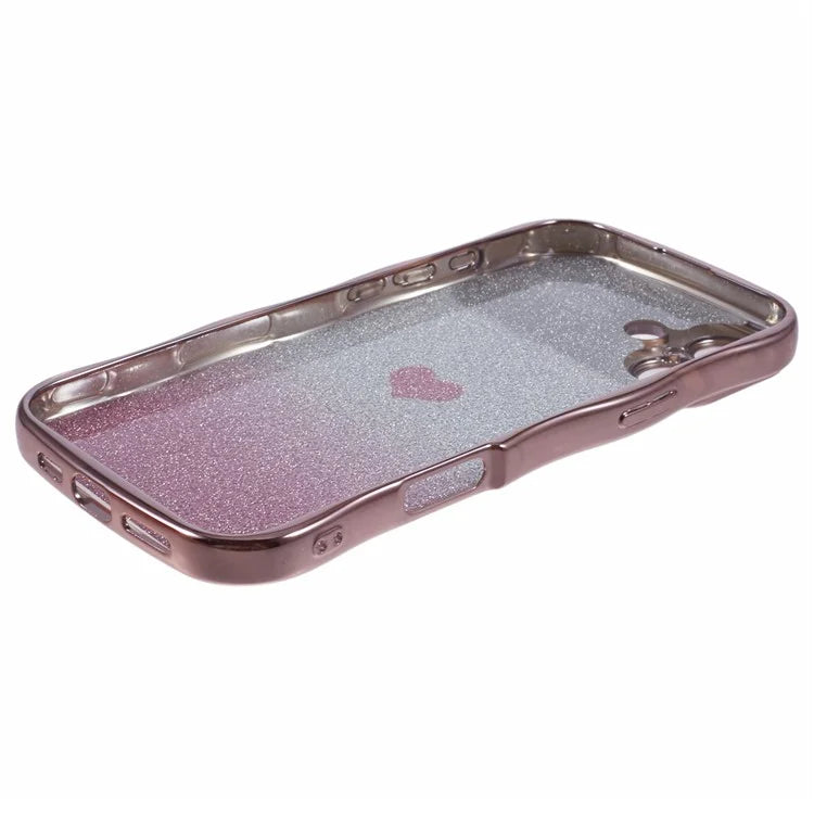 For iPhone 16 Plus Case Love Heart Gradient Glitter TPU Phone Cover Electroplating Curly Frame