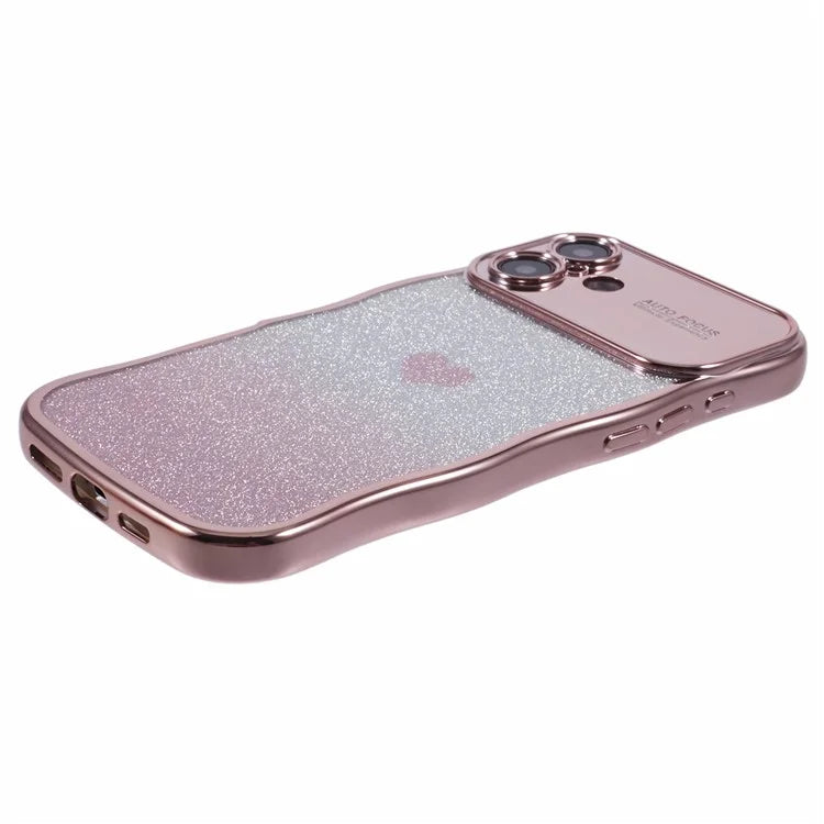 For iPhone 16 Plus Case Love Heart Gradient Glitter TPU Phone Cover Electroplating Curly Frame
