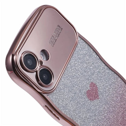 For iPhone 16 Plus Case Love Heart Gradient Glitter TPU Phone Cover Electroplating Curly Frame