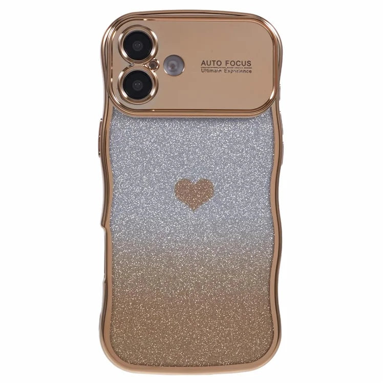 For iPhone 16 Plus Case Love Heart Gradient Glitter TPU Phone Cover Electroplating Curly Frame