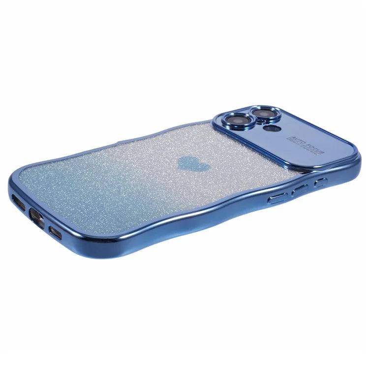 For iPhone 16 Plus Case Love Heart Gradient Glitter TPU Phone Cover Electroplating Curly Frame