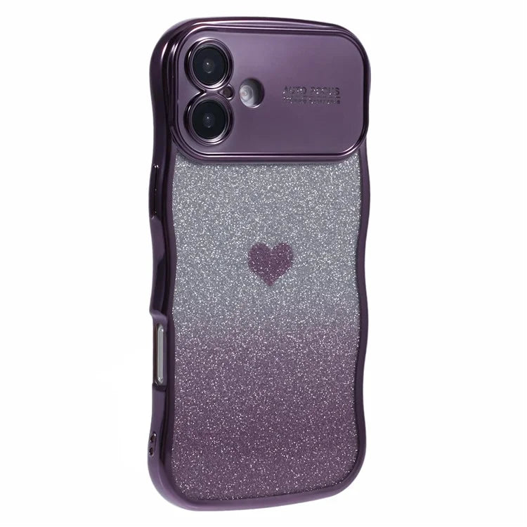 For iPhone 16 Plus Case Love Heart Gradient Glitter TPU Phone Cover Electroplating Curly Frame