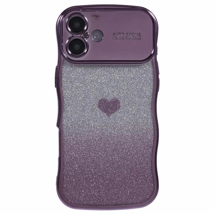For iPhone 16 Plus Case Love Heart Gradient Glitter TPU Phone Cover Electroplating Curly Frame