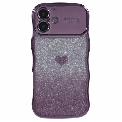 For iPhone 16 Plus Case Love Heart Gradient Glitter TPU Phone Cover Electroplating Curly Frame