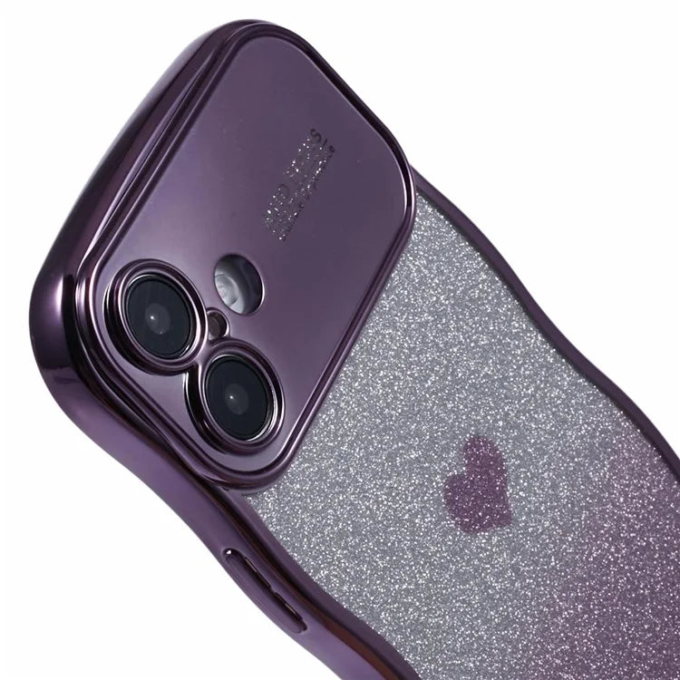 For iPhone 16 Plus Case Love Heart Gradient Glitter TPU Phone Cover Electroplating Curly Frame