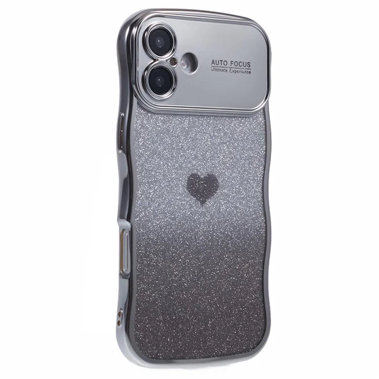 For iPhone 16 Case Love Heart Gradient Glitter TPU Phone Cover Electroplating Curly Frame