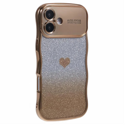 For iPhone 16 Case Love Heart Gradient Glitter TPU Phone Cover Electroplating Curly Frame
