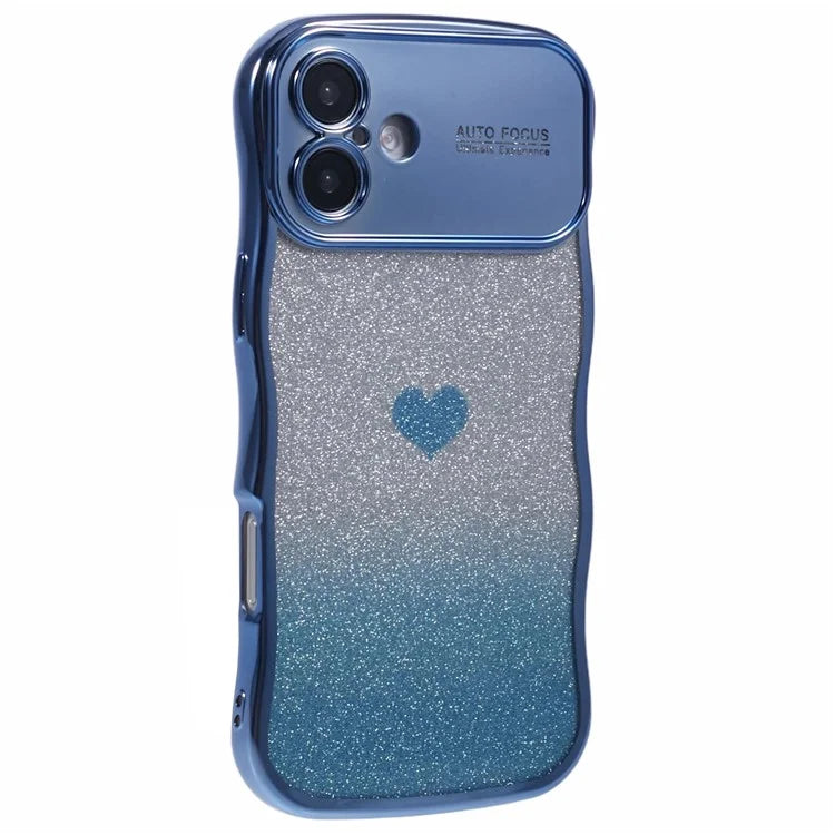 For iPhone 16 Case Love Heart Gradient Glitter TPU Phone Cover Electroplating Curly Frame