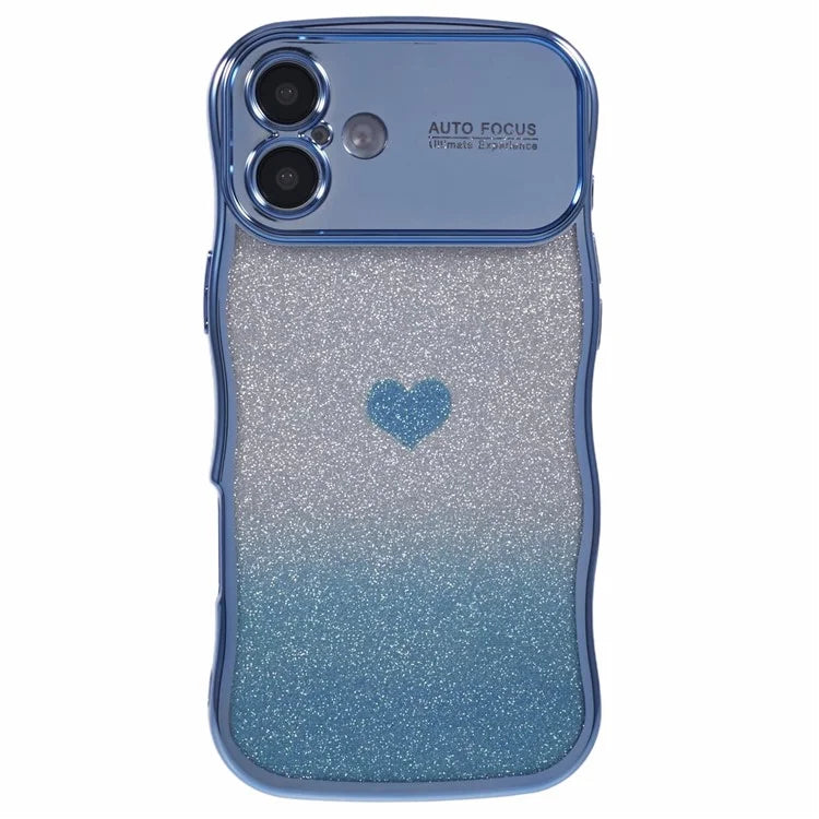 For iPhone 16 Case Love Heart Gradient Glitter TPU Phone Cover Electroplating Curly Frame