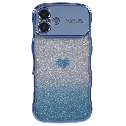 For iPhone 16 Case Love Heart Gradient Glitter TPU Phone Cover Electroplating Curly Frame