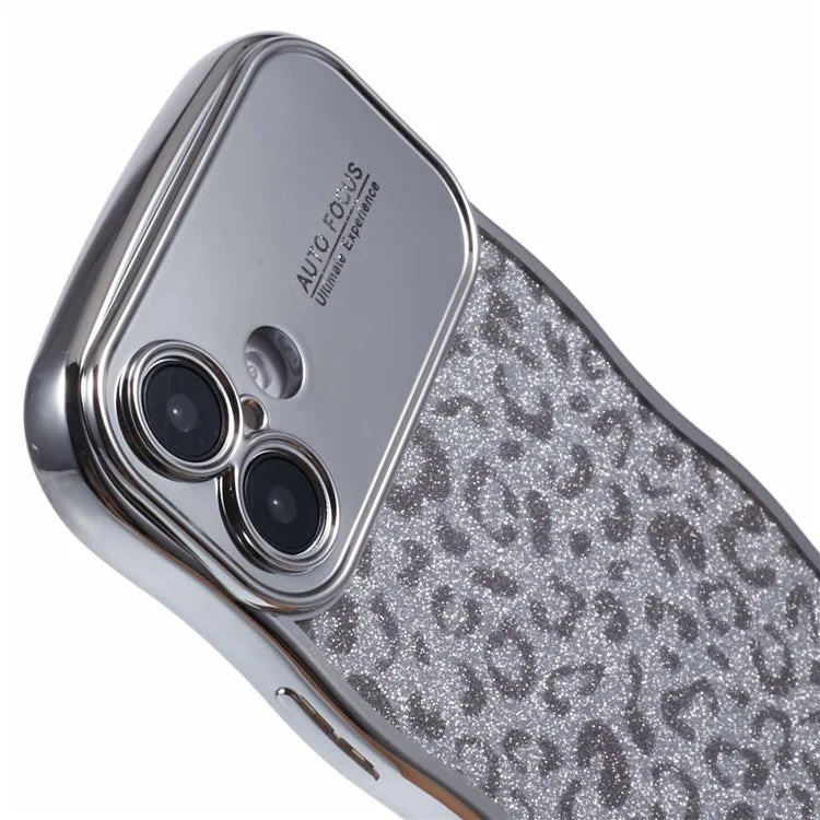For iPhone 16 Plus Case Curly Frame TPU Phone Cover Leopard Print Glitter