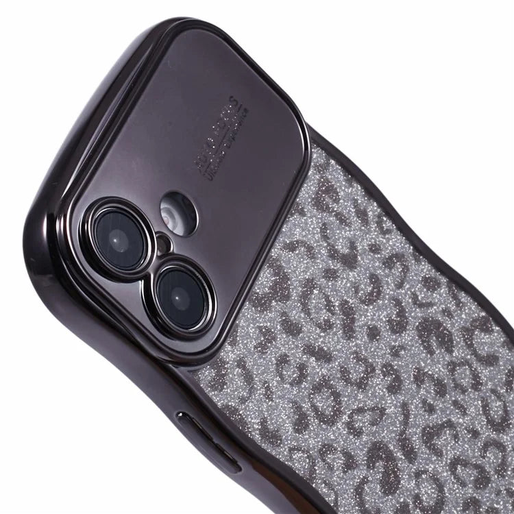 For iPhone 16 Plus Case Curly Frame TPU Phone Cover Leopard Print Glitter
