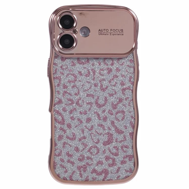 For iPhone 16 Plus Case Curly Frame TPU Phone Cover Leopard Print Glitter
