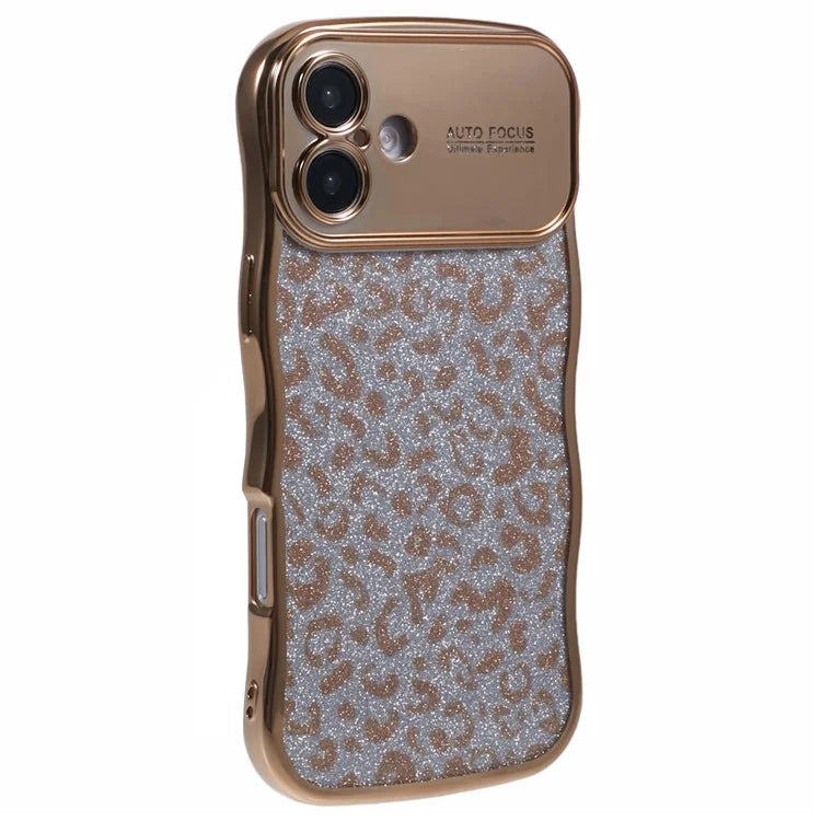 For iPhone 16 Plus Case Curly Frame TPU Phone Cover Leopard Print Glitter