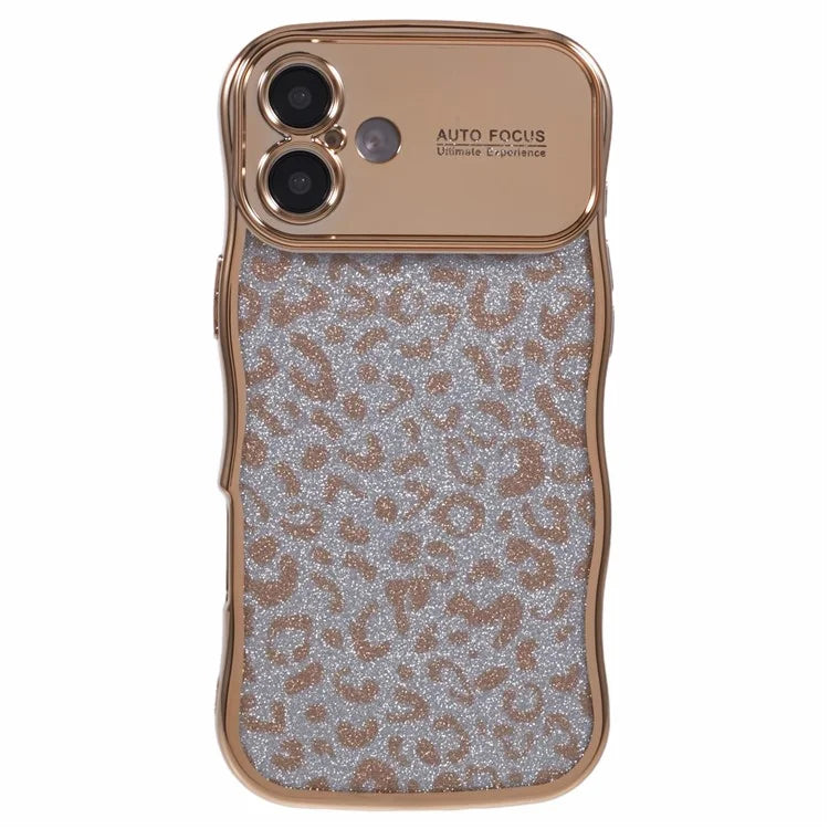 For iPhone 16 Plus Case Curly Frame TPU Phone Cover Leopard Print Glitter