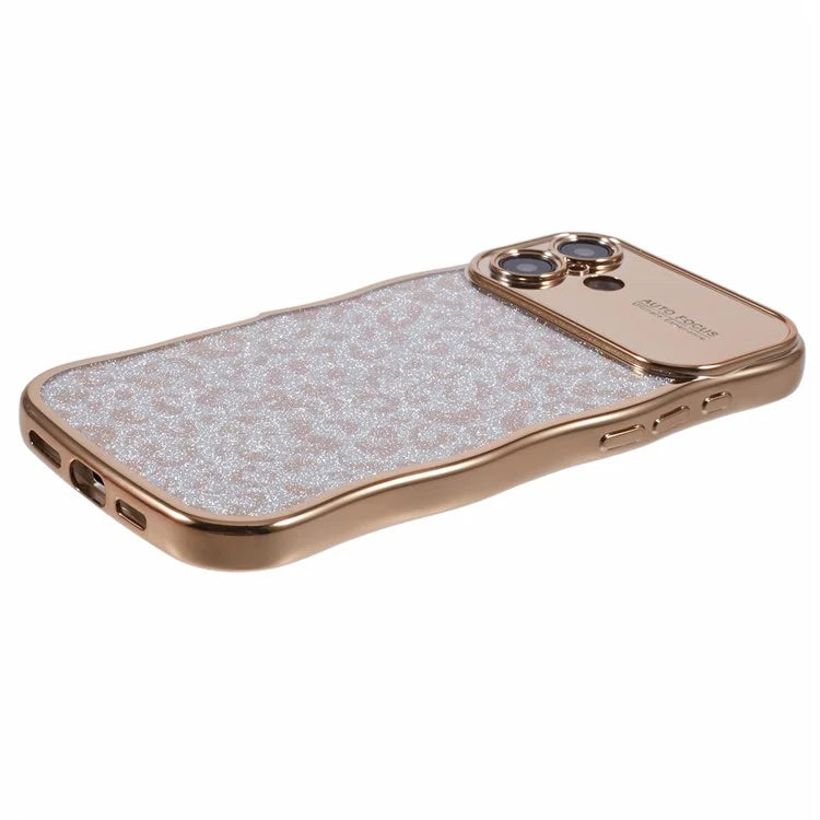 For iPhone 16 Plus Case Curly Frame TPU Phone Cover Leopard Print Glitter