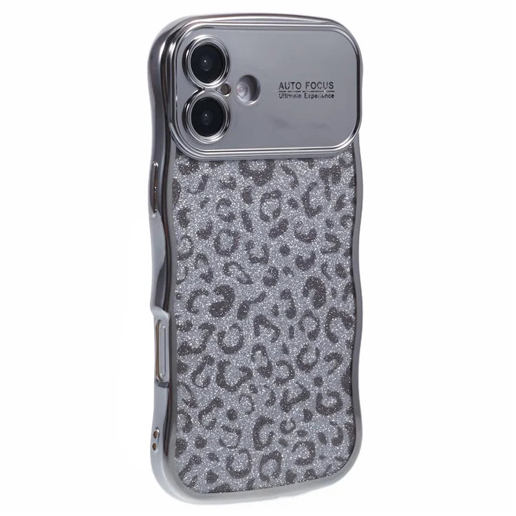 For iPhone 16 Case Curly Frame TPU Phone Cover Leopard Print Glitter