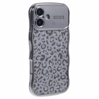 For iPhone 16 Case Curly Frame TPU Phone Cover Leopard Print Glitter