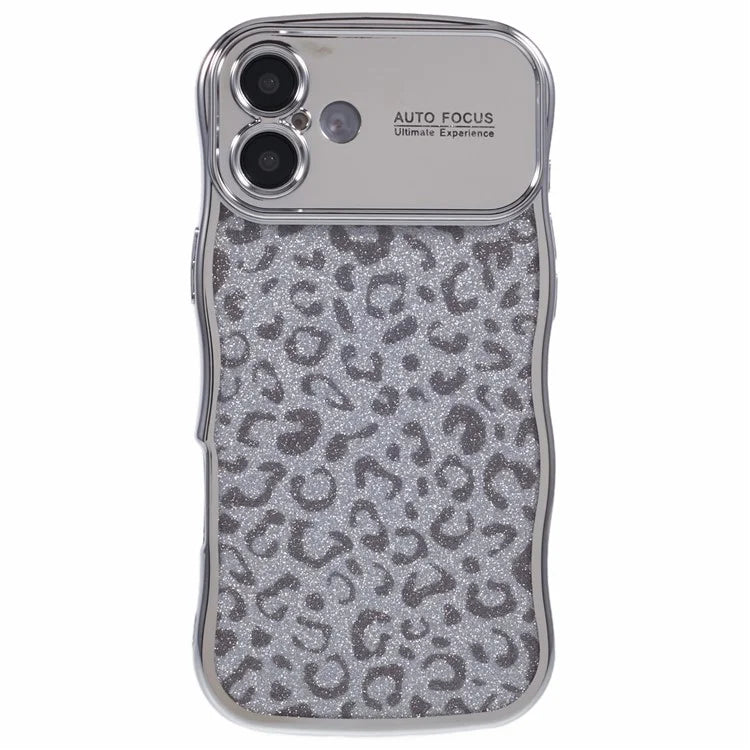 For iPhone 16 Case Curly Frame TPU Phone Cover Leopard Print Glitter