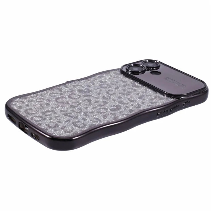 For iPhone 16 Case Curly Frame TPU Phone Cover Leopard Print Glitter