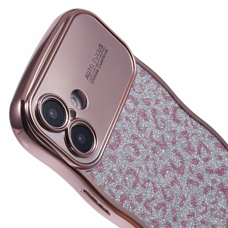 For iPhone 16 Case Curly Frame TPU Phone Cover Leopard Print Glitter