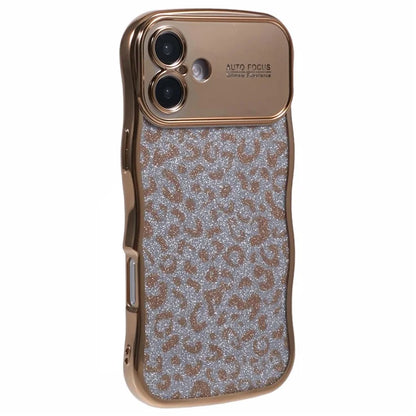 For iPhone 16 Case Curly Frame TPU Phone Cover Leopard Print Glitter