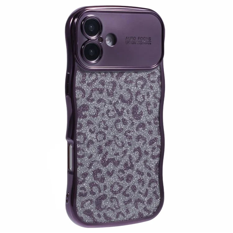 For iPhone 16 Case Curly Frame TPU Phone Cover Leopard Print Glitter