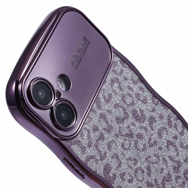 For iPhone 16 Case Curly Frame TPU Phone Cover Leopard Print Glitter