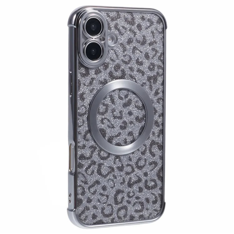 For iPhone 16 Case Compatible with MagSafe Sparkly Leopard Print Clear TPU Phone Cover