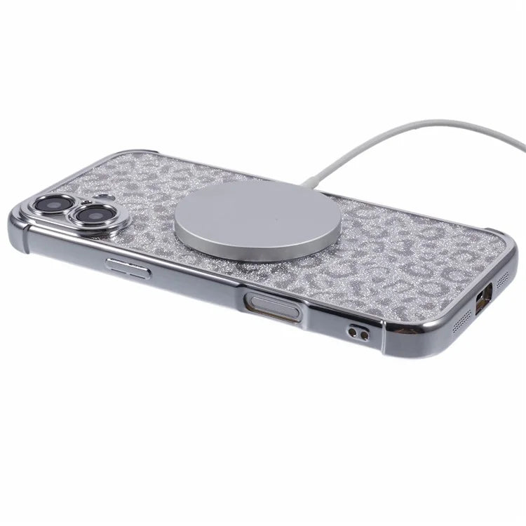 For iPhone 16 Case Compatible with MagSafe Sparkly Leopard Print Clear TPU Phone Cover