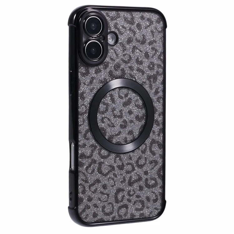 For iPhone 16 Case Compatible with MagSafe Sparkly Leopard Print Clear TPU Phone Cover