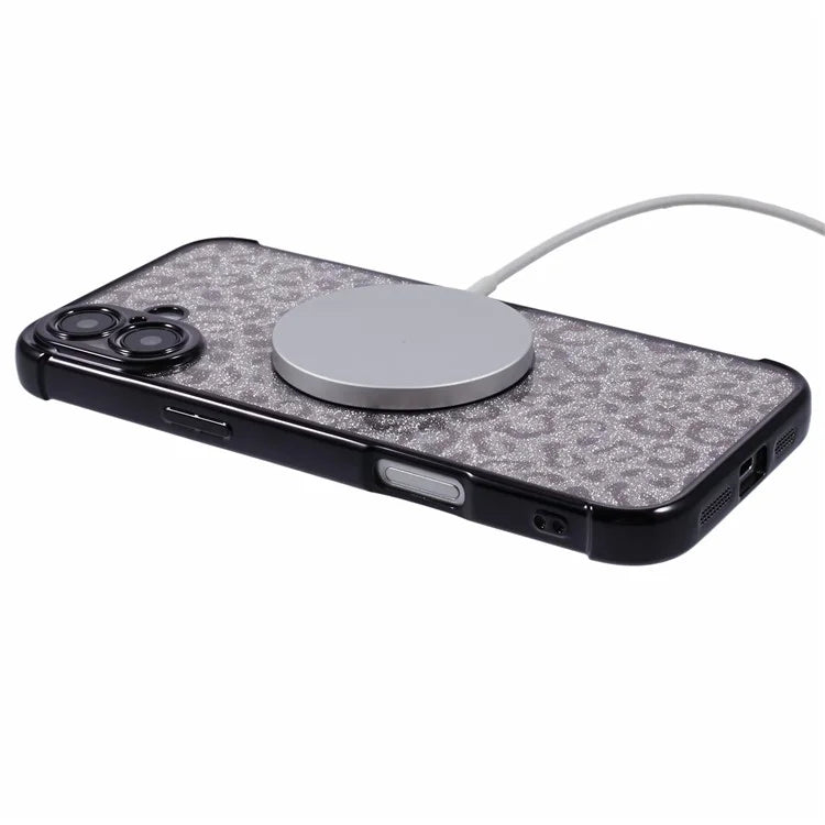 For iPhone 16 Case Compatible with MagSafe Sparkly Leopard Print Clear TPU Phone Cover