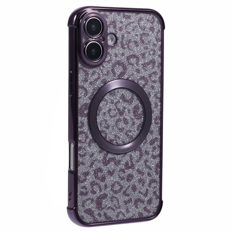 For iPhone 16 Case Compatible with MagSafe Sparkly Leopard Print Clear TPU Phone Cover