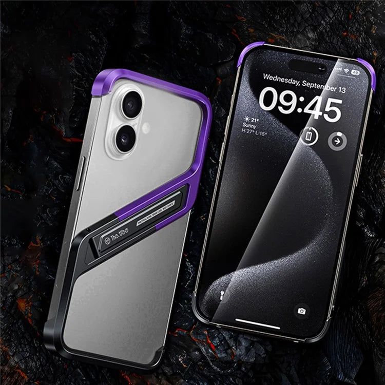 For iPhone 16 Frameless Case S-Shaped Aluminium Alloy Phone Cover with Kickstand
