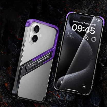 For iPhone 16 Frameless Case S-Shaped Aluminium Alloy Phone Cover with Kickstand